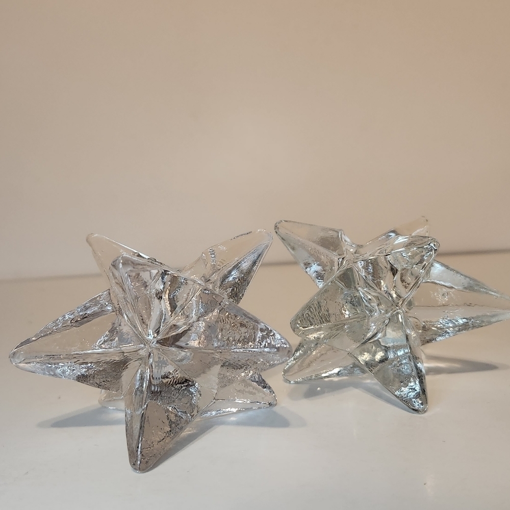 2 Vintage clear glass 9 pointed star candle holders with minor cracks